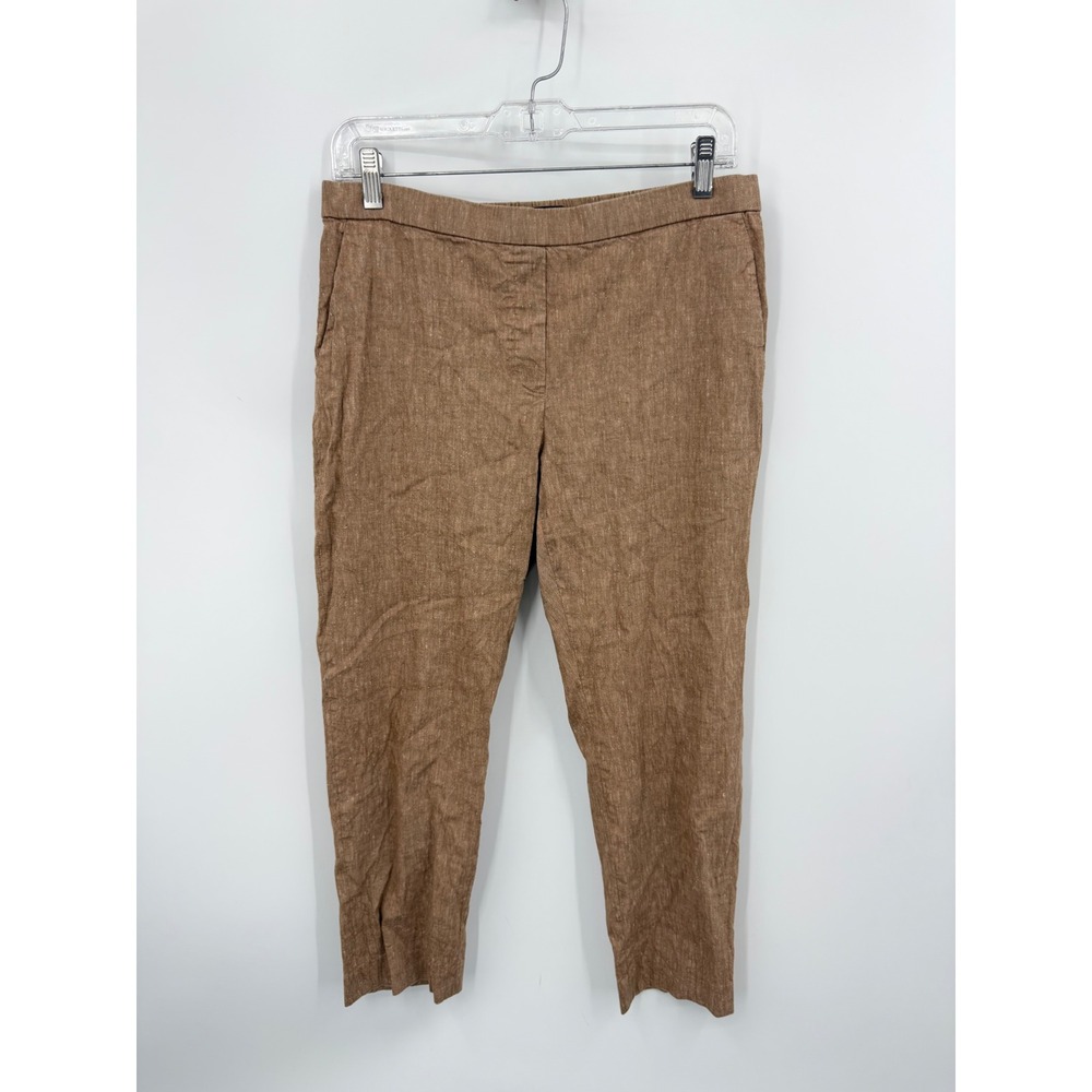 Theory Treeca Pull On Soft Crunch Pants Womens 10 Brown Linen Blend Cropped
